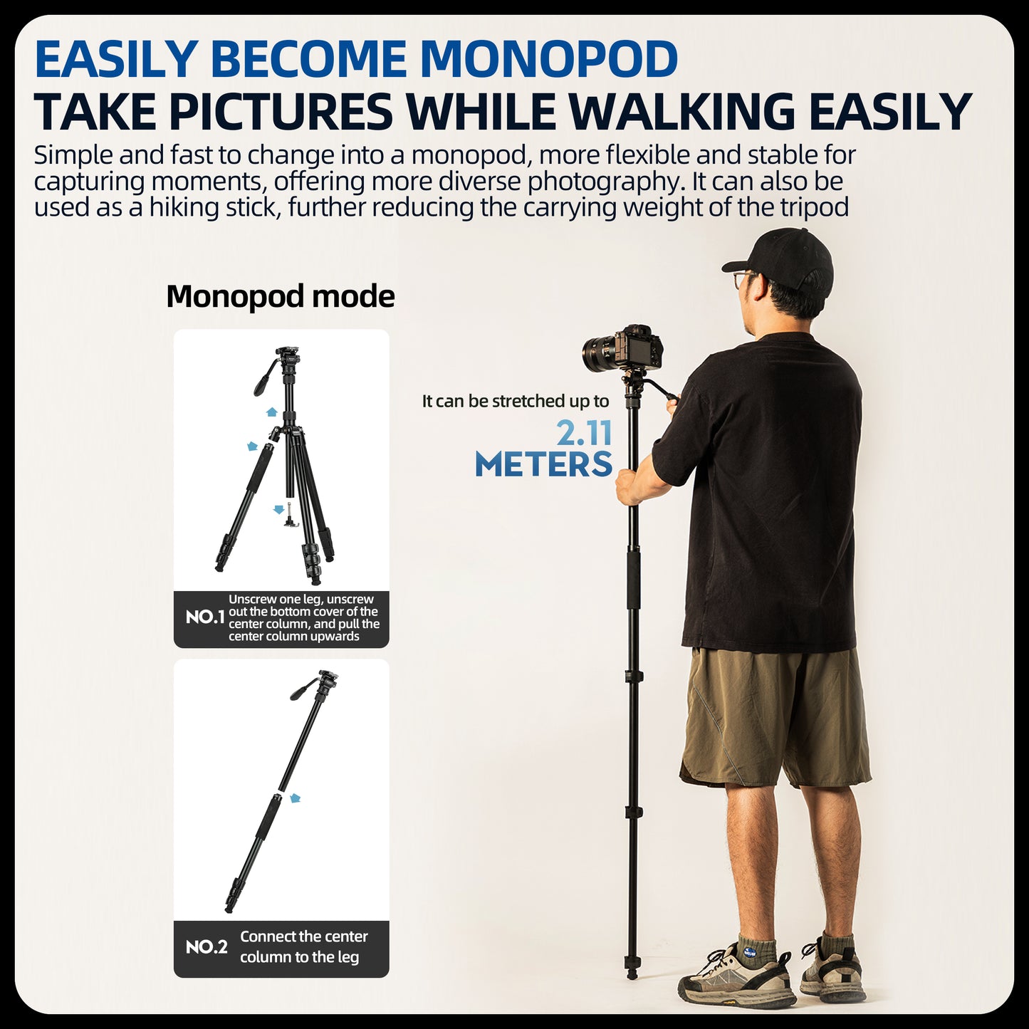 80" Compact Travel Tripod/Monopod, Fluid Head. A5I Video