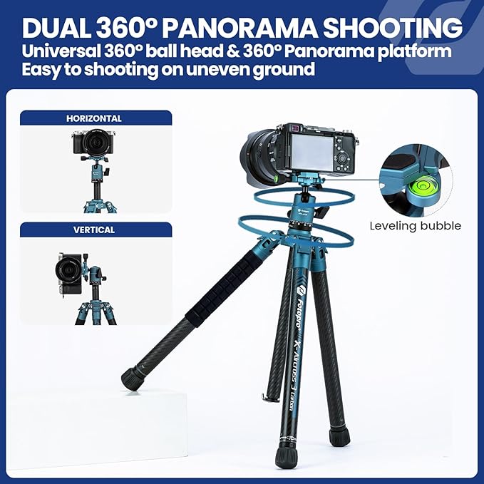 163cm Carbon Fiber Tripod & Monopod, 360° Ball Head, 12kg Load, for DSLR, X - Aircross 3, Blue - Fotopro AMZ