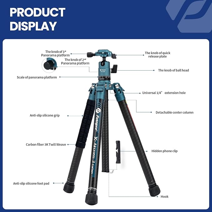 163cm Carbon Fiber Tripod & Monopod, 360° Ball Head, 12kg Load, for DSLR, X - Aircross 3, Blue - Fotopro AMZ
