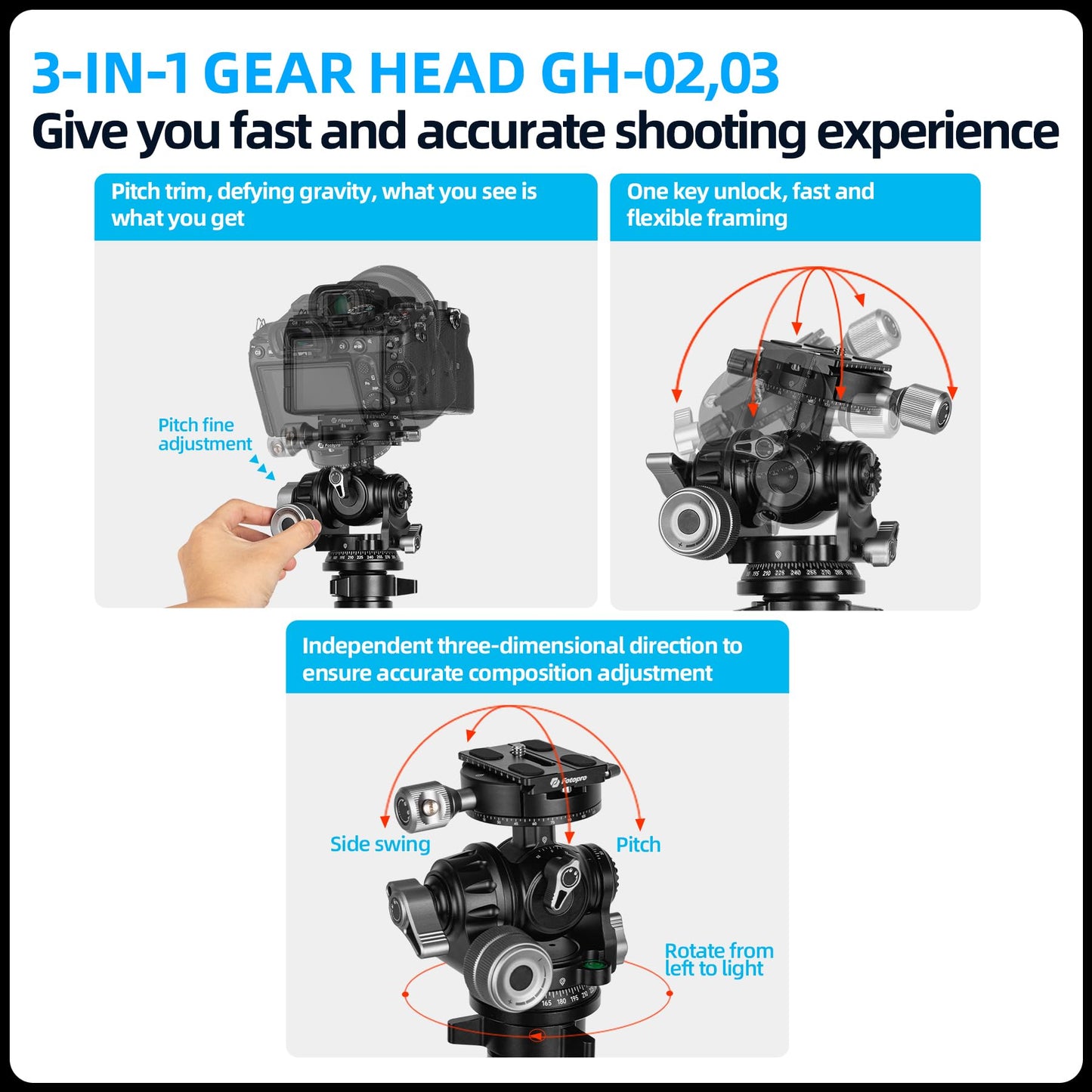 3 - Way Geared head. GH - 02 - Fotopro