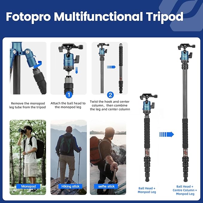 57" Carbon Fiber Camera Tripod – Lightweight Travel Tripod with Ball Head & Monopod, Quick Release Plate, 8kg Load Capacity, Carry Bag - Fotopro AMZ