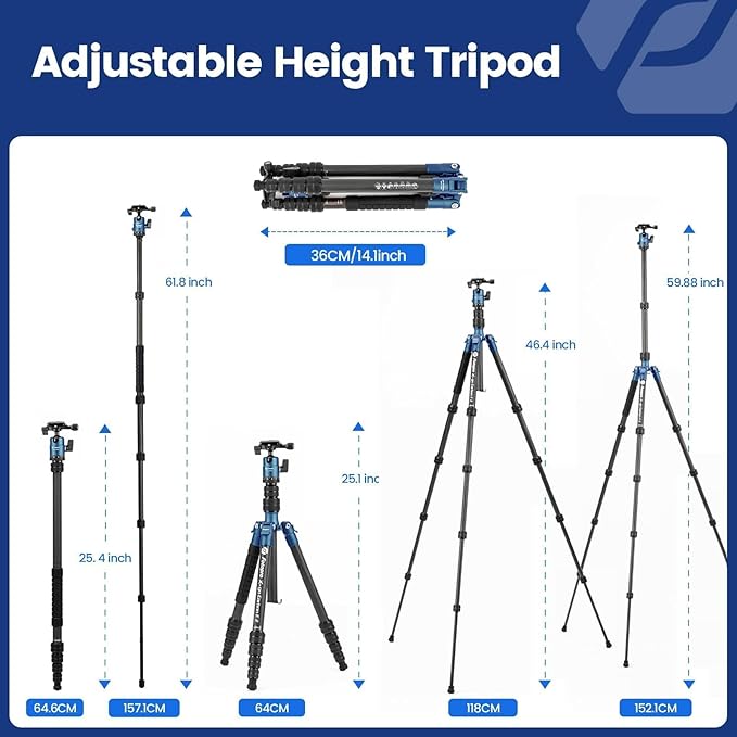 57" Carbon Fiber Camera Tripod – Lightweight Travel Tripod with Ball Head & Monopod, Quick Release Plate, 8kg Load Capacity, Carry Bag - Fotopro AMZ