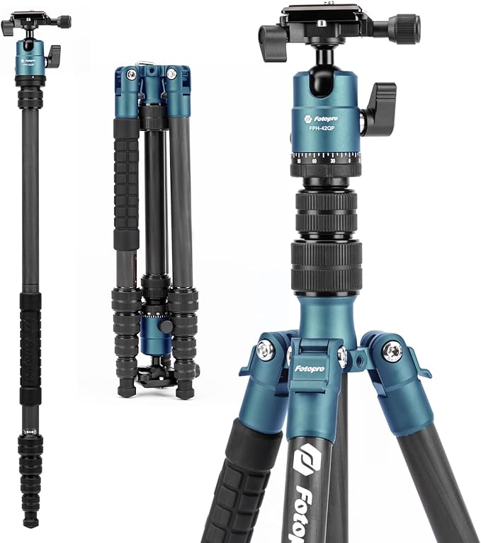 57" Carbon Fiber Camera Tripod – Lightweight Travel Tripod with Ball Head & Monopod, Quick Release Plate, 8kg Load Capacity, Carry Bag - Fotopro AMZ