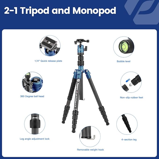 57" Carbon Fiber Camera Tripod – Lightweight Travel Tripod with Ball Head & Monopod, Quick Release Plate, 8kg Load Capacity, Carry Bag - Fotopro AMZ