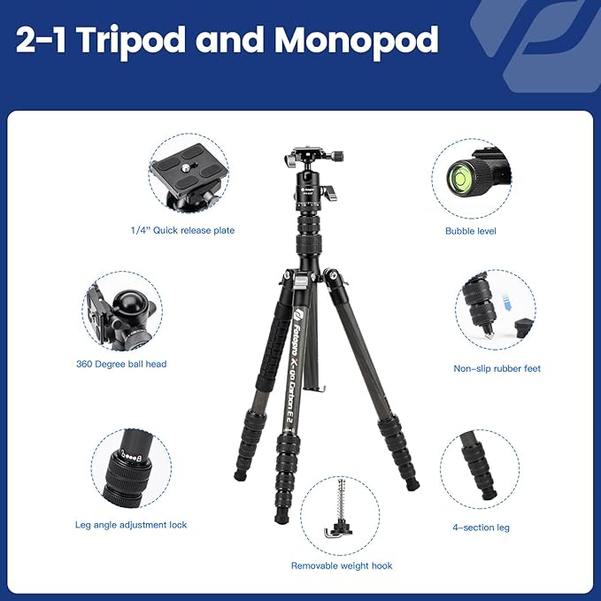 59" Carbon Fiber Tripod – Lightweight, Detachable Monopod, Ball Head, 8KG Load, Carry Bag - Fotopro AMZ