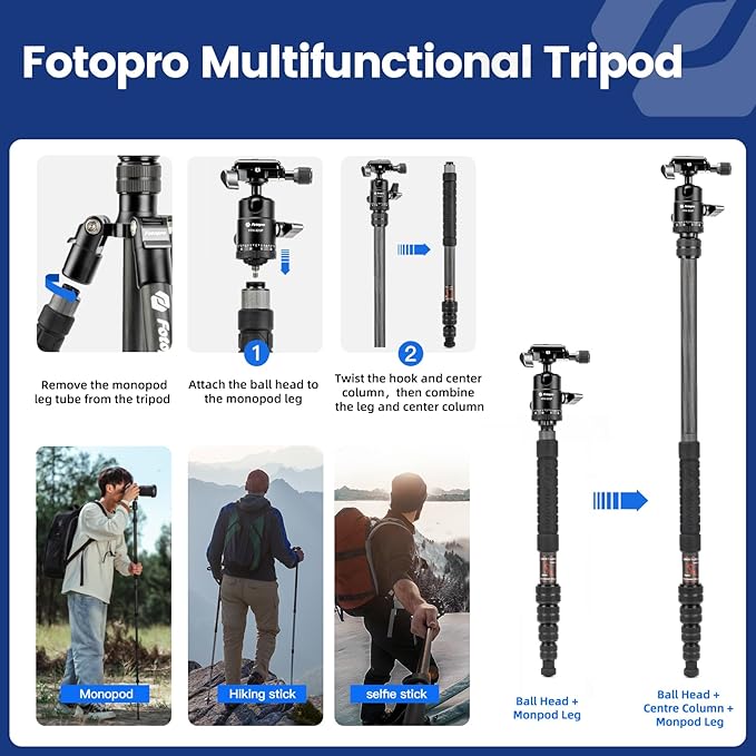 59" Carbon Fiber Tripod – Lightweight, Detachable Monopod, Ball Head, 8KG Load, Carry Bag - Fotopro AMZ