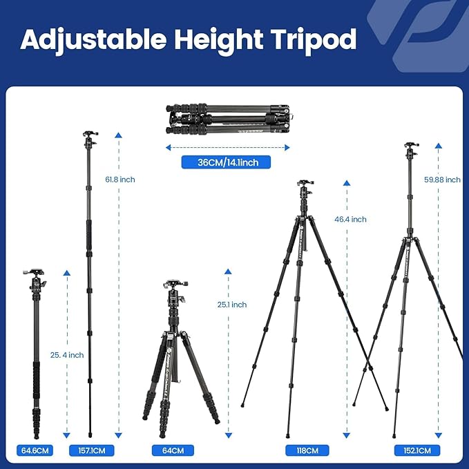 59" Carbon Fiber Tripod – Lightweight, Detachable Monopod, Ball Head, 8KG Load, Carry Bag - Fotopro AMZ