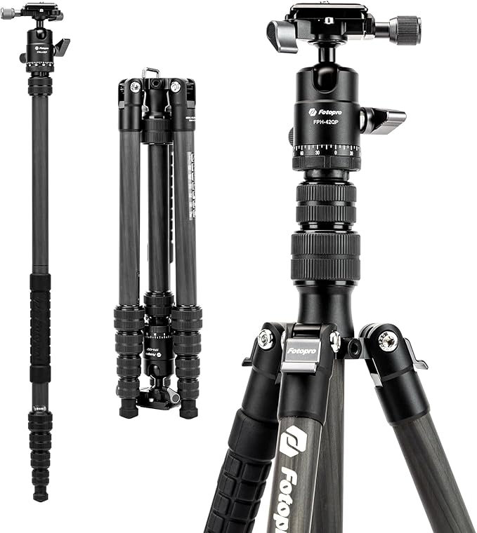 59" Carbon Fiber Tripod – Lightweight, Detachable Monopod, Ball Head, 8KG Load, Carry Bag - Fotopro AMZ
