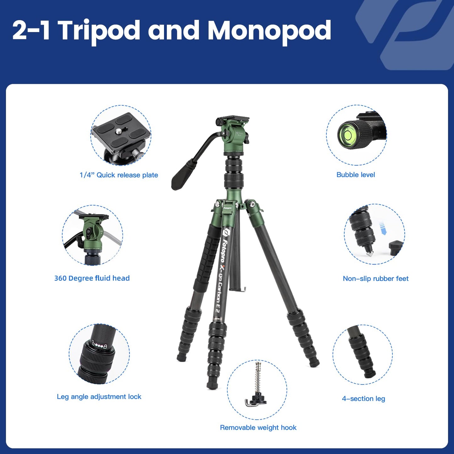 59" Carbon Fiber Video Tripod, With Monopod. X - Go Carbon Video - Fotopro