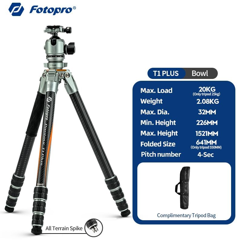 60'' Professional Travel High - End Tripod, Carbon Fiber, with Bowl. T1 Plus - Fotopro AMZ