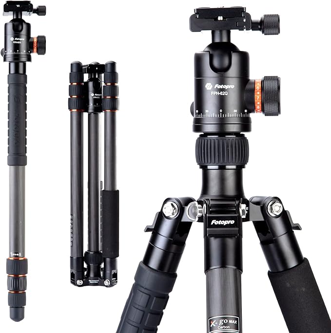 68" Carbon Fiber Tripod – High Durability, Ball Head, Detachable Monopod, 20KG Load, Quick Release Plate, Carry Bag - Fotopro AMZ