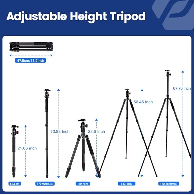 68" Carbon Fiber Tripod – High Durability, Ball Head, Detachable Monopod, 20KG Load, Quick Release Plate, Carry Bag - Fotopro AMZ
