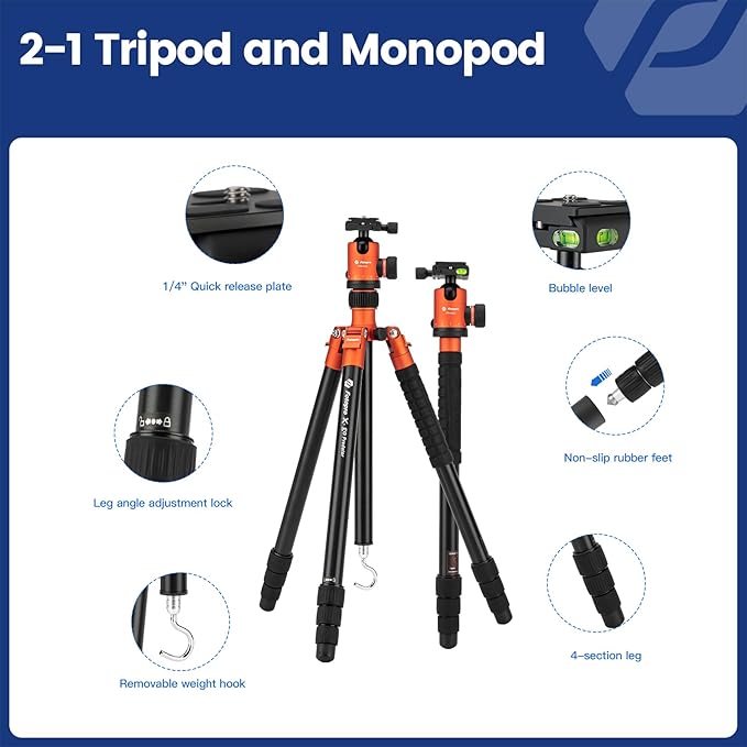 68" DSLR Tripod – Heavy Duty, Ball Head, Detachable Monopod, 12KG Load, Quick Release Plate, Carry Bag (Orange) - Fotopro AMZ