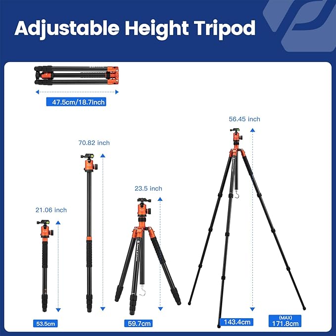 68" DSLR Tripod – Heavy Duty, Ball Head, Detachable Monopod, 12KG Load, Quick Release Plate, Carry Bag (Orange) - Fotopro AMZ