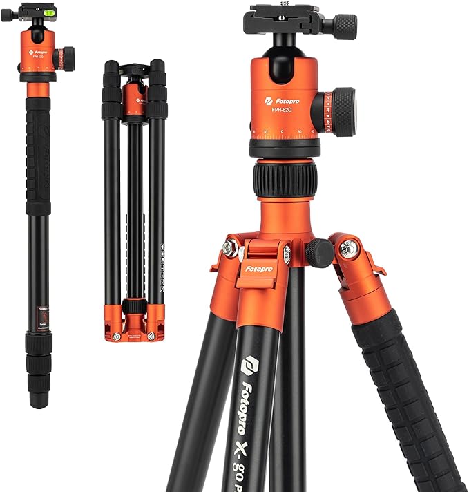 68" DSLR Tripod – Heavy Duty, Ball Head, Detachable Monopod, 12KG Load, Quick Release Plate, Carry Bag (Orange) - Fotopro AMZ