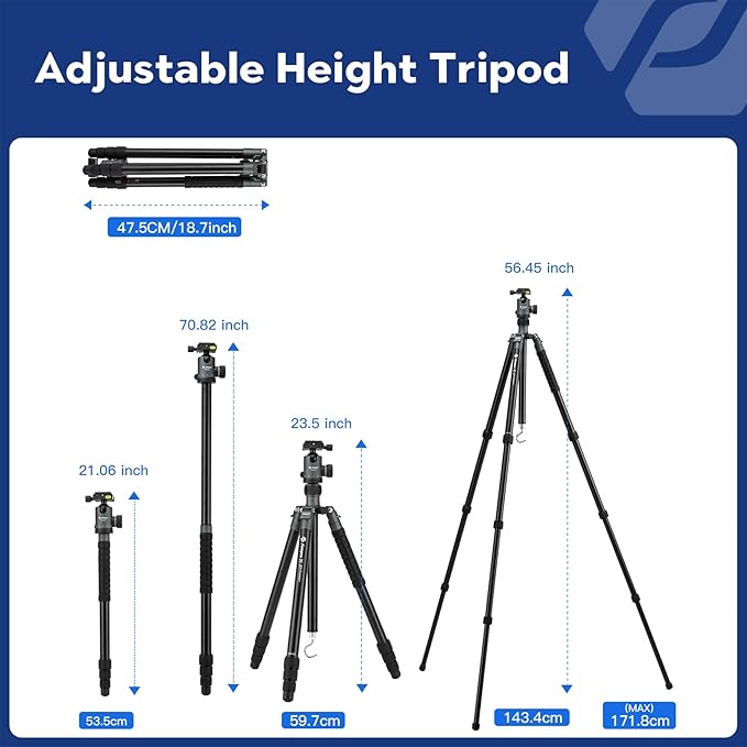 68" DSLR Tripod – Heavy Duty, Ball Head, Monopod, 12KG Load, Quick Release Plate, Carry Bag (Grey) - Fotopro AMZ