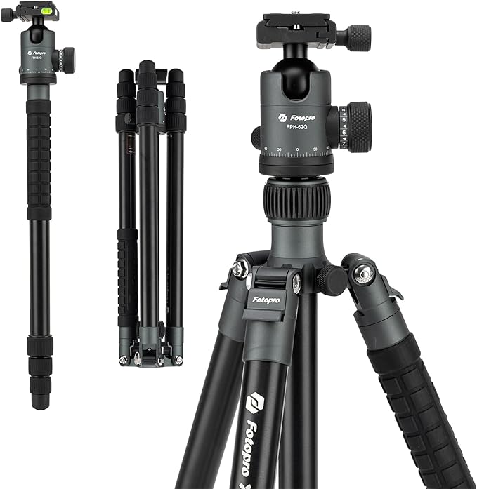 68" DSLR Tripod – Heavy Duty, Ball Head, Monopod, 12KG Load, Quick Release Plate, Carry Bag (Grey) - Fotopro AMZ