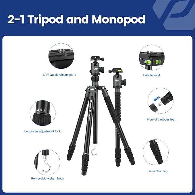 68" DSLR Tripod – Heavy Duty, Ball Head, Monopod, 12KG Load, Quick Release Plate, Carry Bag (Grey) - Fotopro AMZ