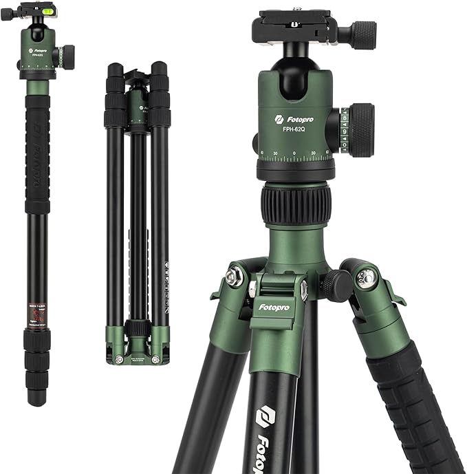68" DSLR Tripod – Lightweight, Ball Head, 12KG Load, Detachable Monopod, Carry Bag (Green) - Fotopro AMZ