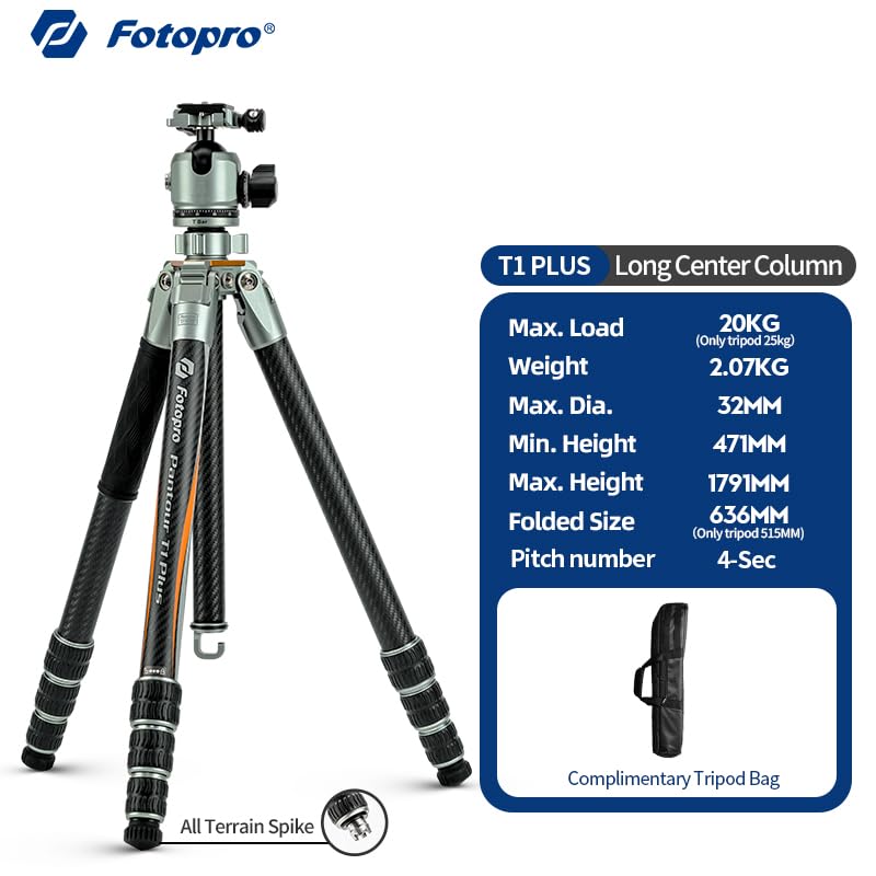 71'' Professional Travel High - End Tripod, Carbon Fiber, with T - Bar. T1 Plus - Fotopro AMZ