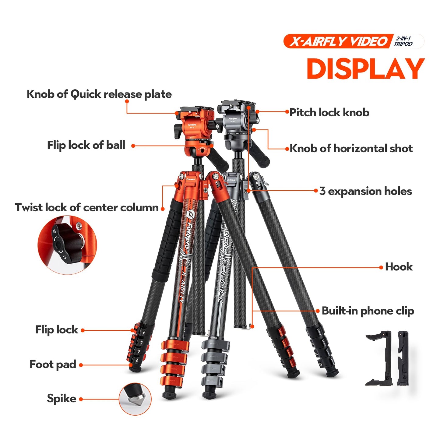 64.5'' Carbon Fiber Camera Tripod, Fluid Head. X-Airfly Video Orange