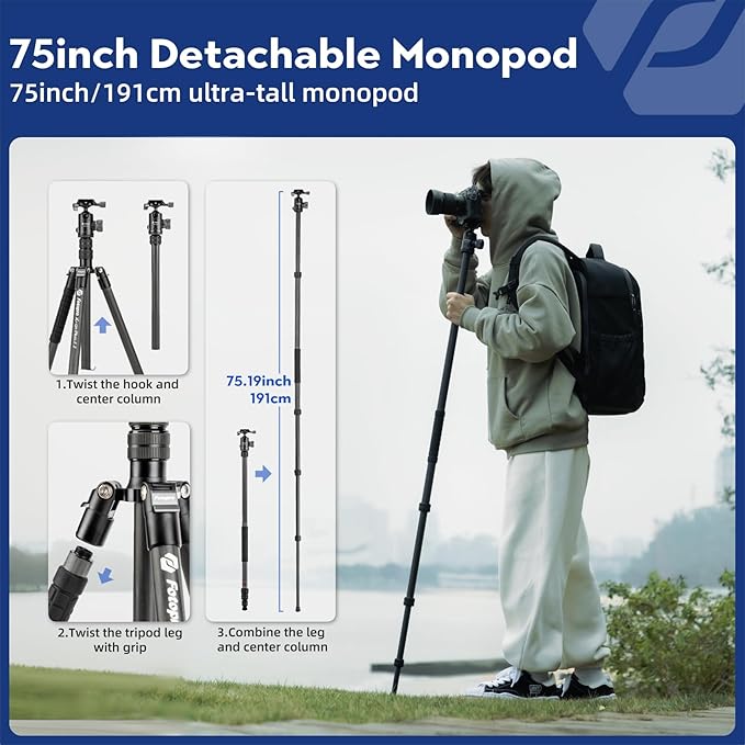 73" Carbon Fiber Tripod – Ball Head, Detachable Monopod, 22lbs Load, Quick Release Plate, Camera Bag - Fotopro AMZ