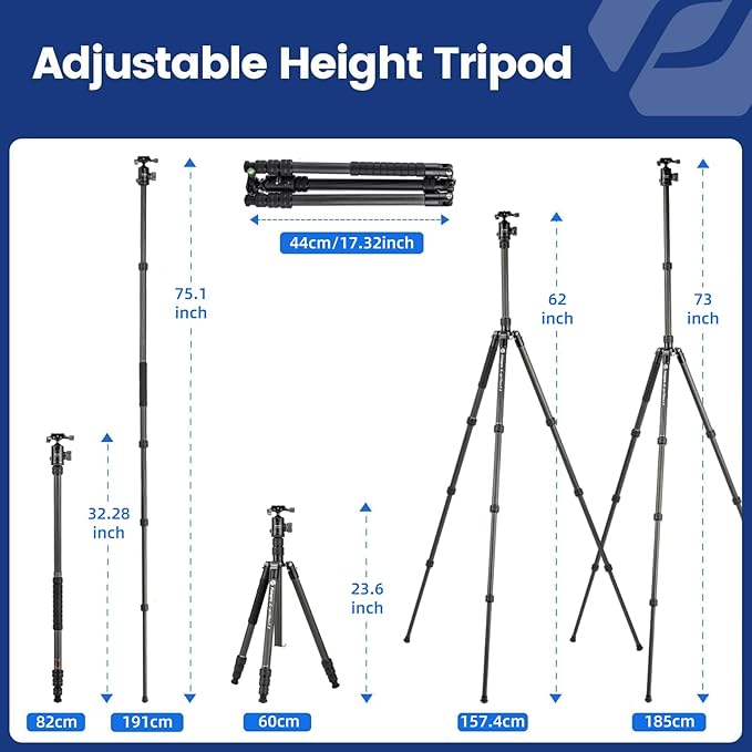 73" Carbon Fiber Tripod – Ball Head, Detachable Monopod, 22lbs Load, Quick Release Plate, Camera Bag - Fotopro AMZ