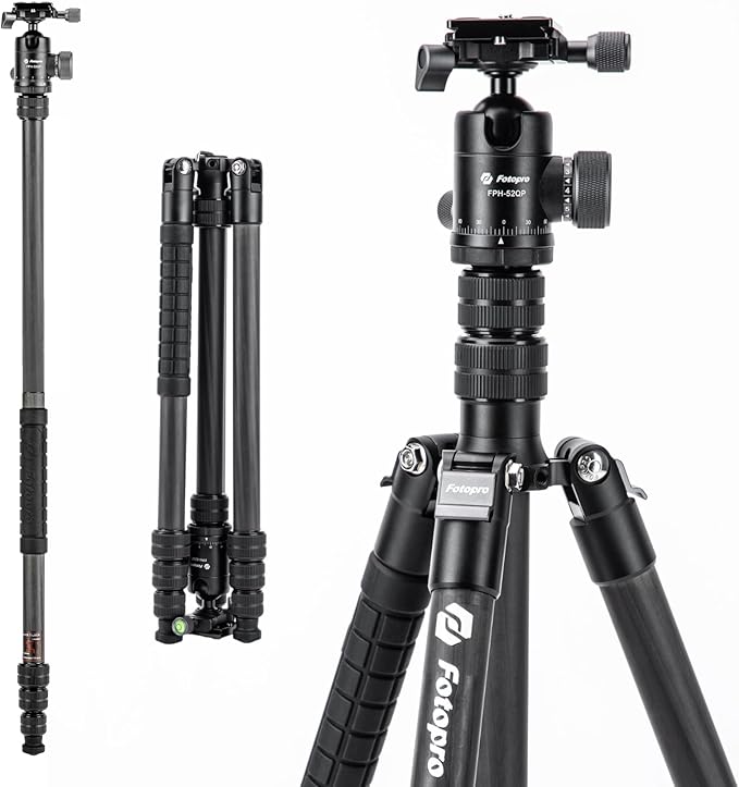 73" Carbon Fiber Tripod – Ball Head, Detachable Monopod, 22lbs Load, Quick Release Plate, Camera Bag - Fotopro AMZ