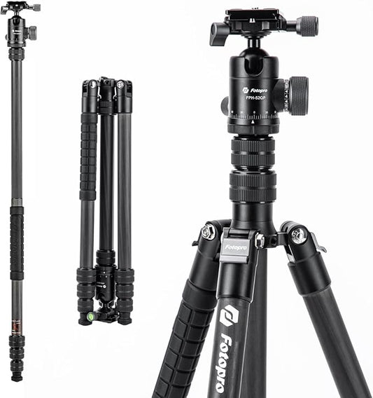 73" Carbon Fiber Tripod – Ball Head, Detachable Monopod, 22lbs Load, Quick Release Plate, Camera Bag - Fotopro AMZ