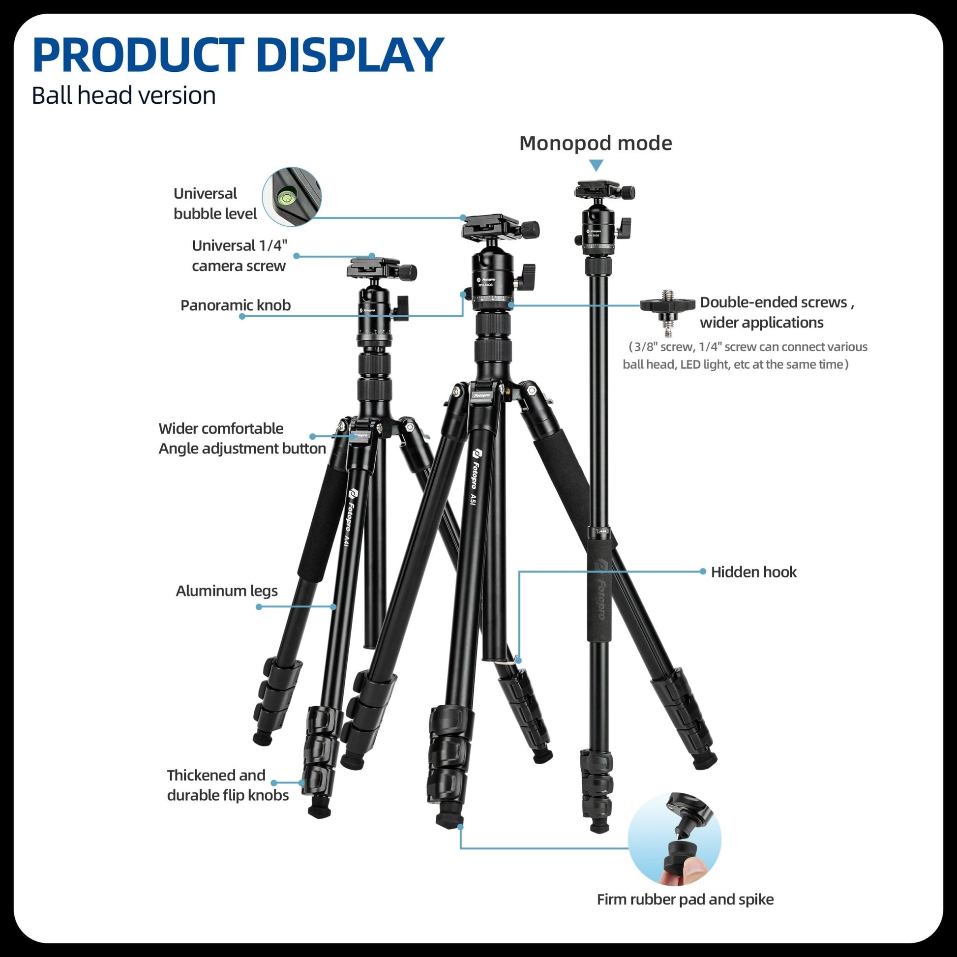 73" Compact Travel Tripod/Monopod, Ball Head. A4I - Fotopro
