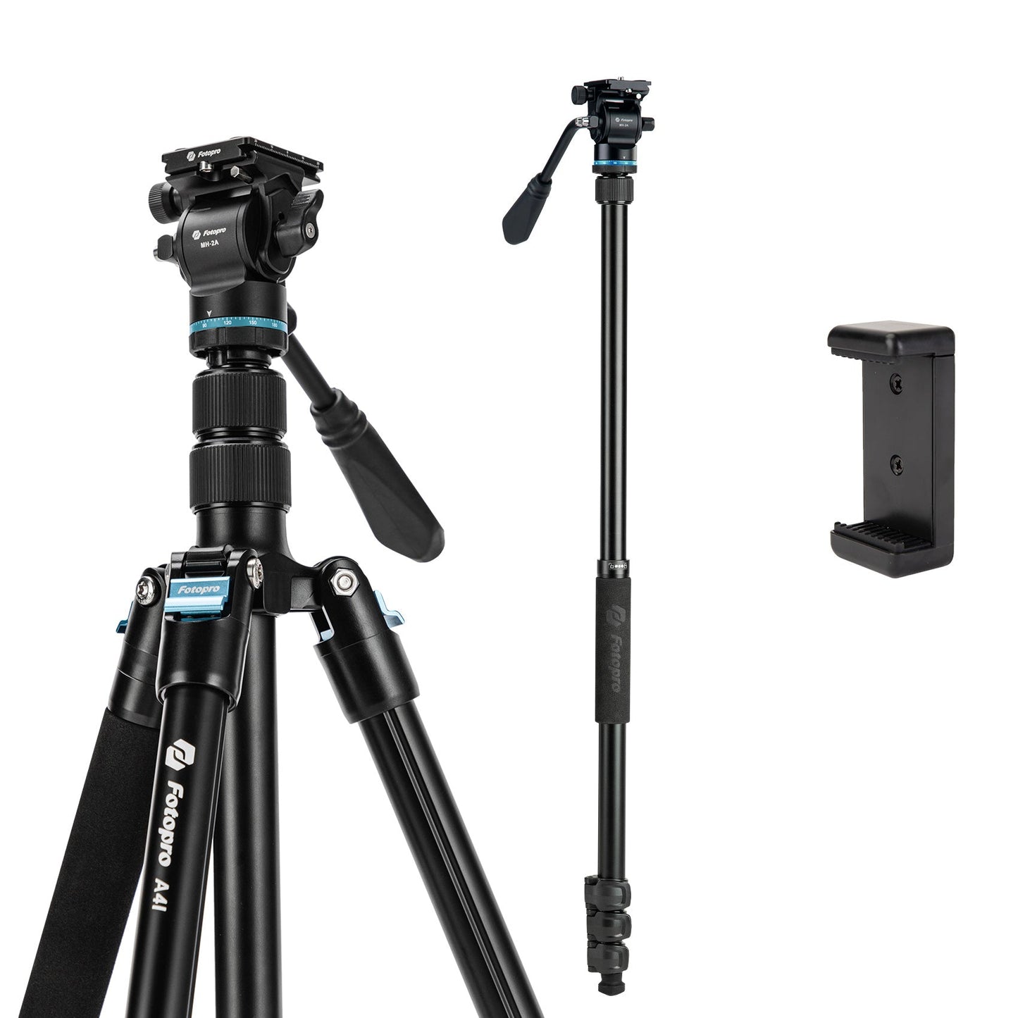 73" Compact Travel Tripod/Monopod, Fluid Head. A4I Video - Fotopro