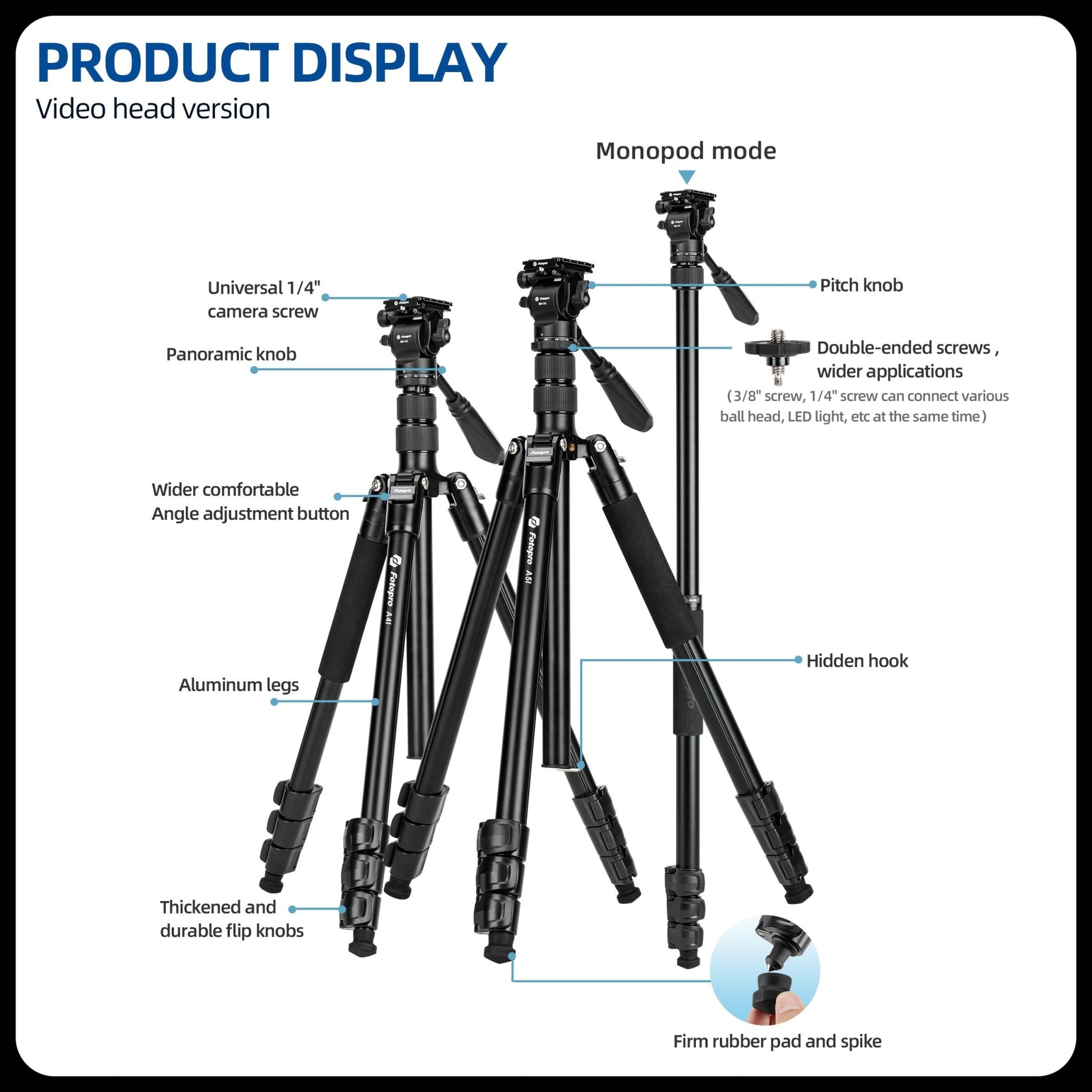 80" Compact Travel Tripod/Monopod, Fluid Head. A5I Video - Fotopro