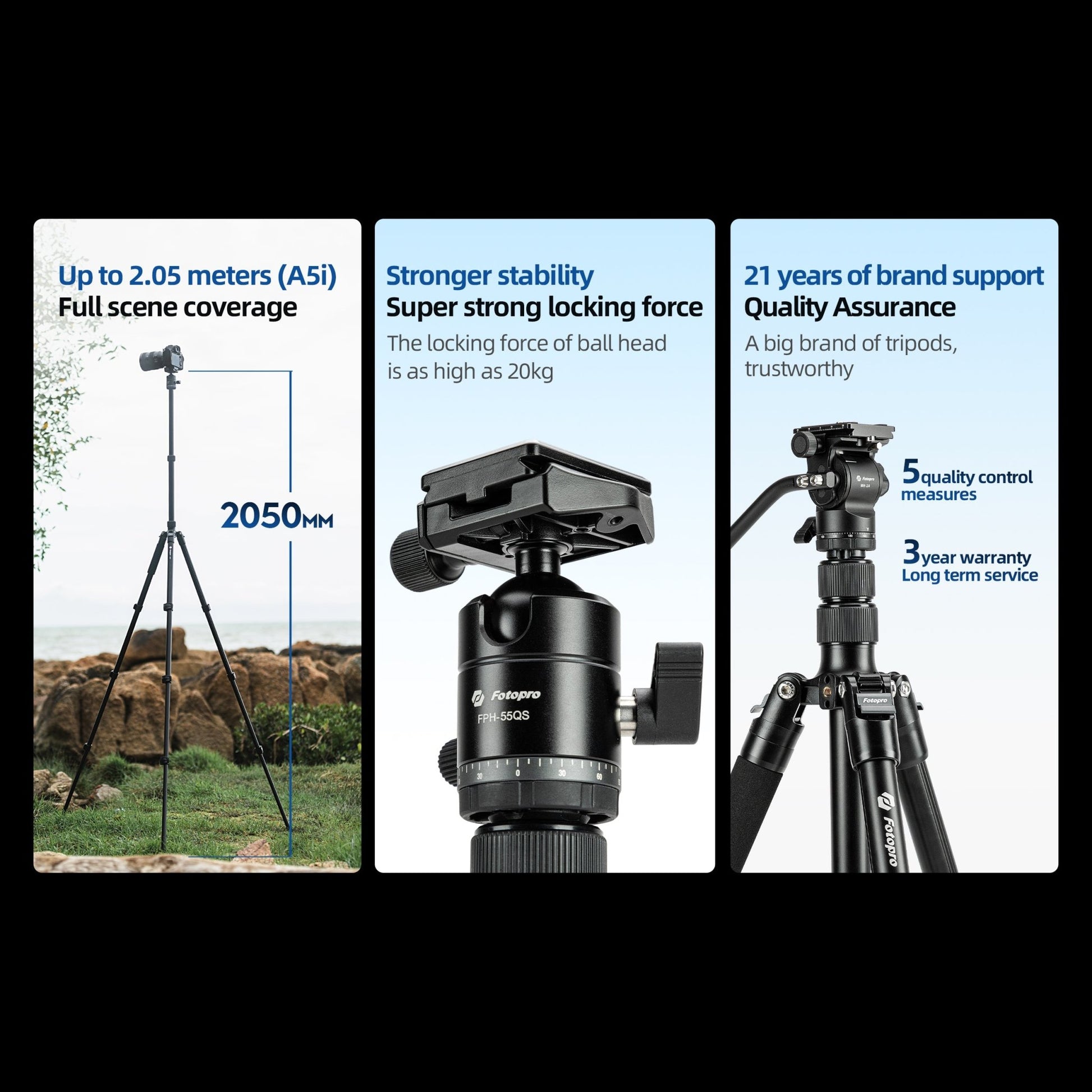 80" Compact Travel Tripod/Monopod, Fluid Head. A5I Video - Fotopro