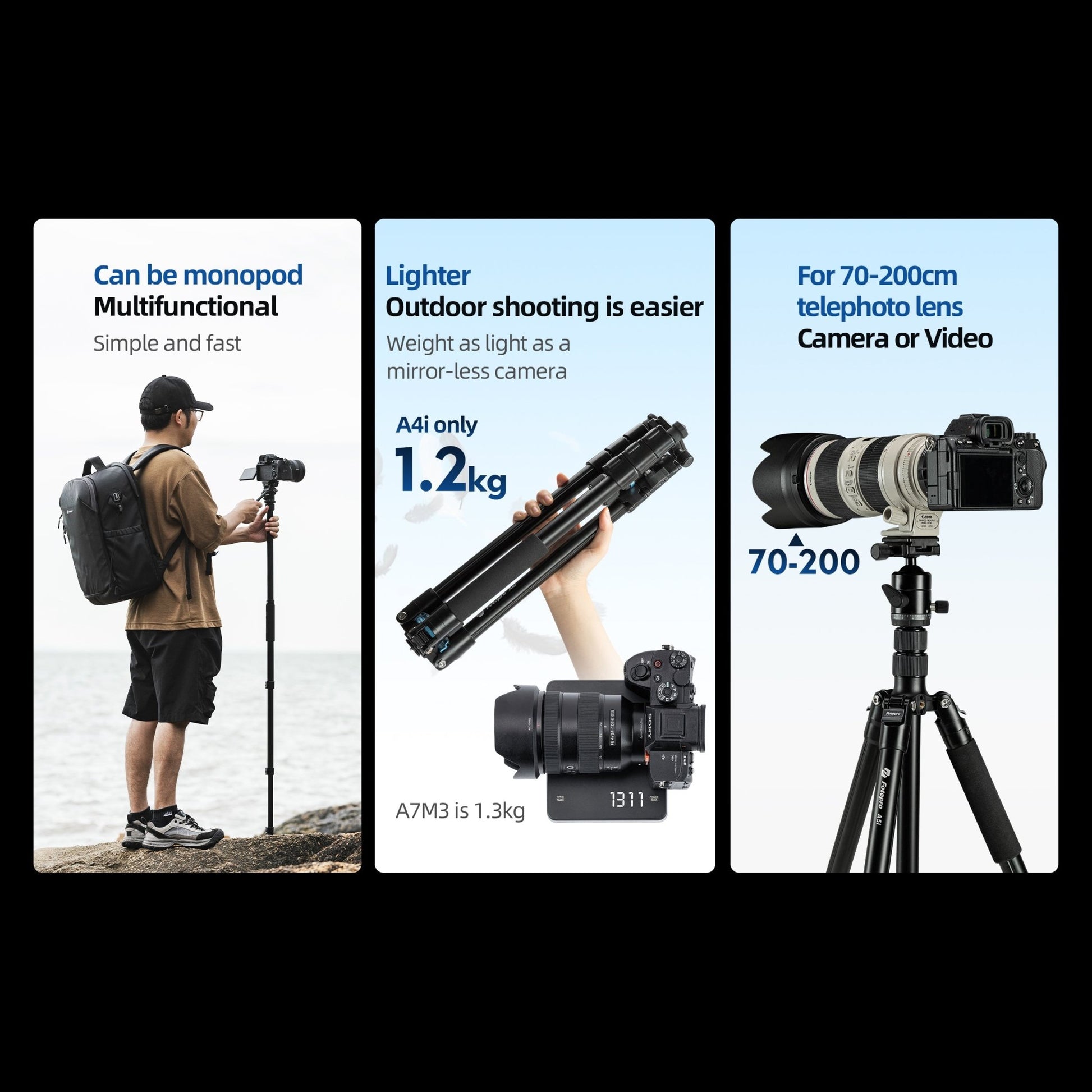 80" Compact Travel Tripod/Monopod, Fluid Head. A5I Video - Fotopro