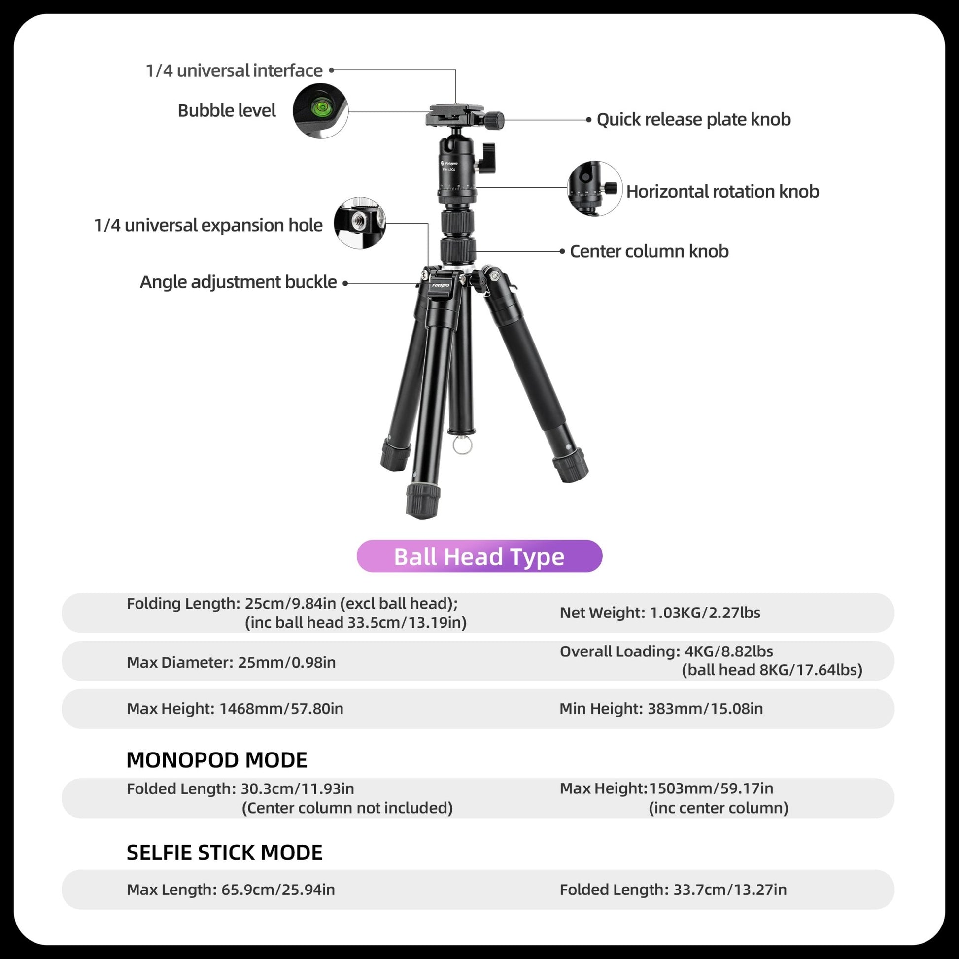 Detachable Tripod, ball head - FY830 - Fotopro