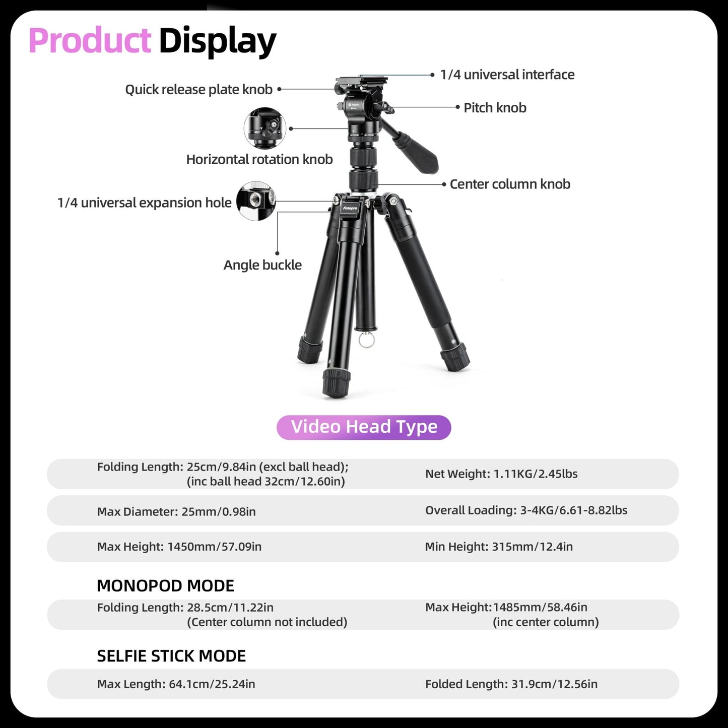 Detachable Tripod, Fluid Head - FY830 - Fotopro