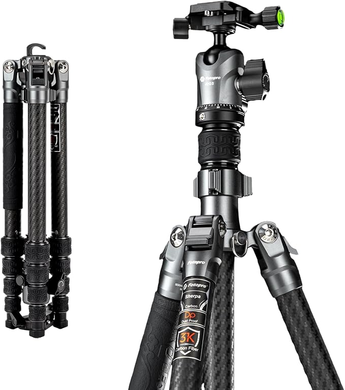 Fotopro 60" Carbon Fiber Tripod, Lightweight Travel Tripod with 360° Ball Head & Quick Release Plate, Max Load 17.63lbs, Folded Height 14.56'' - Fotopro AMZ