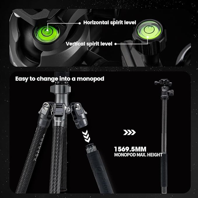 Fotopro 60" Carbon Fiber Tripod, Lightweight Travel Tripod with Ball Head, Detachable Monopod, Quick Release Plate, Max Load 17.6lbs - Fotopro AMZ