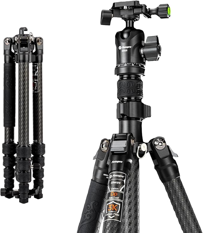 Fotopro 60" Carbon Fiber Tripod, Lightweight Travel Tripod with Ball Head, Detachable Monopod, Quick Release Plate, Max Load 17.6lbs - Fotopro AMZ