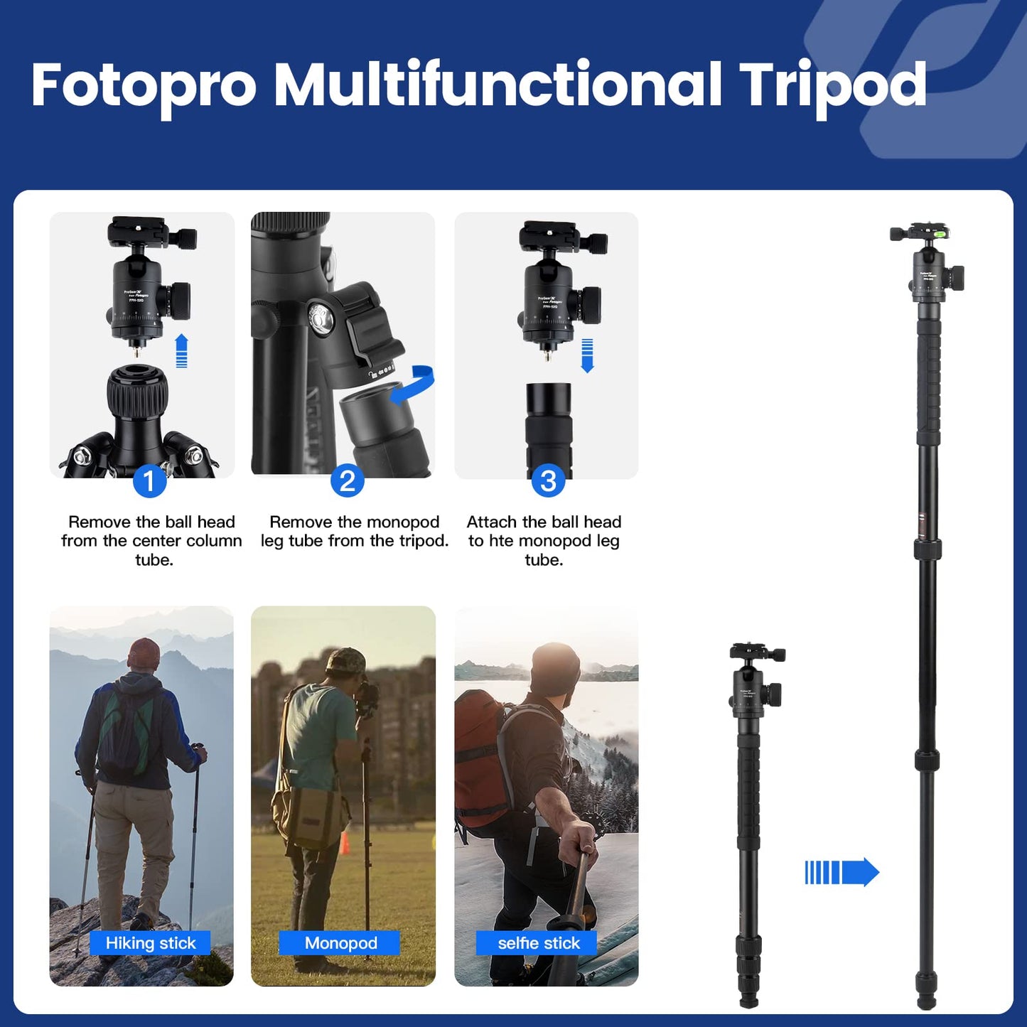 Fotopro 62" Aluminum Tripod, Ball Head - X - Go Chameleon(Grey) - Fotopro AMZ