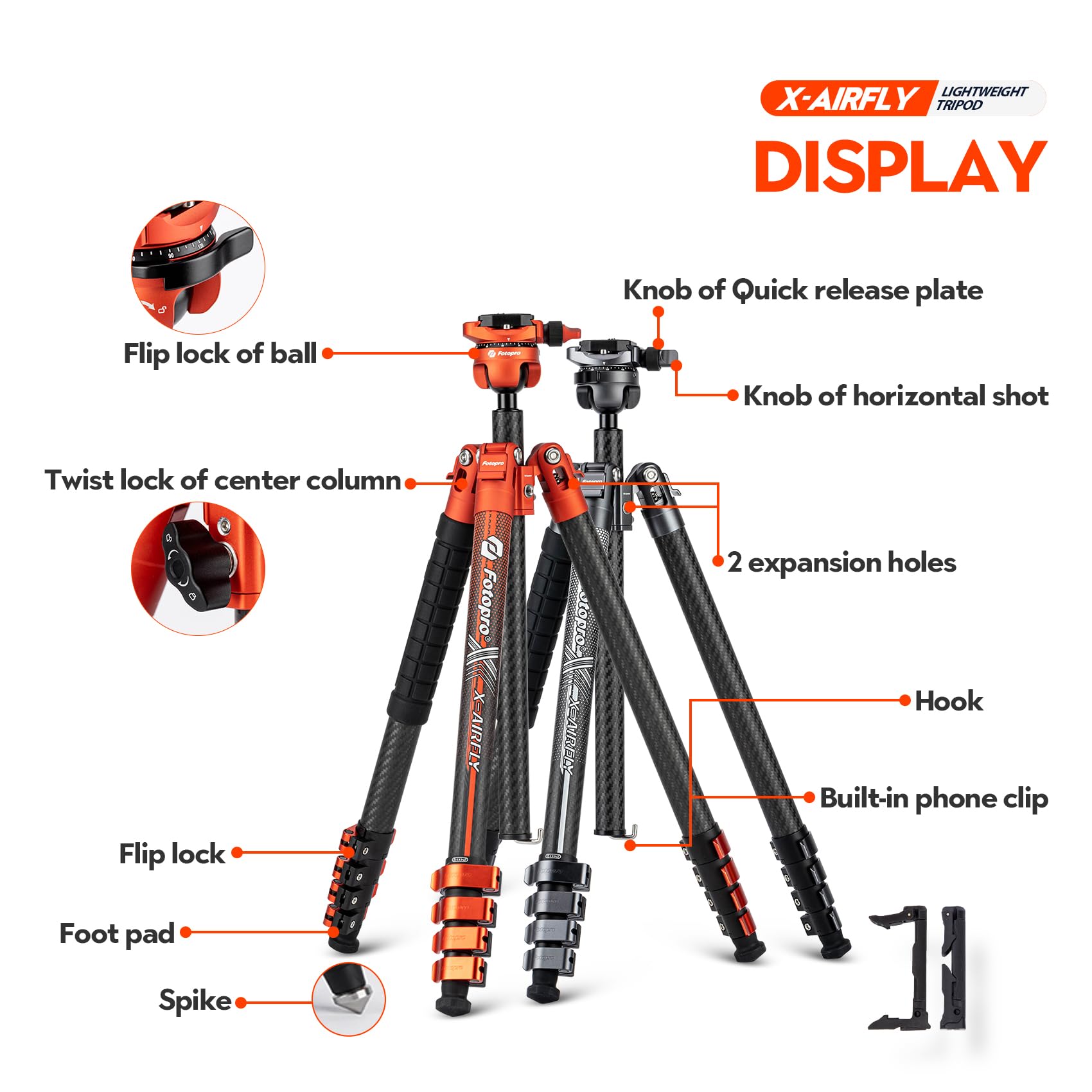 Fotopro 63'' Carbon Fiber Camera Tripod, Ball Head. X - Airfly Grey - Fotopro AMZ