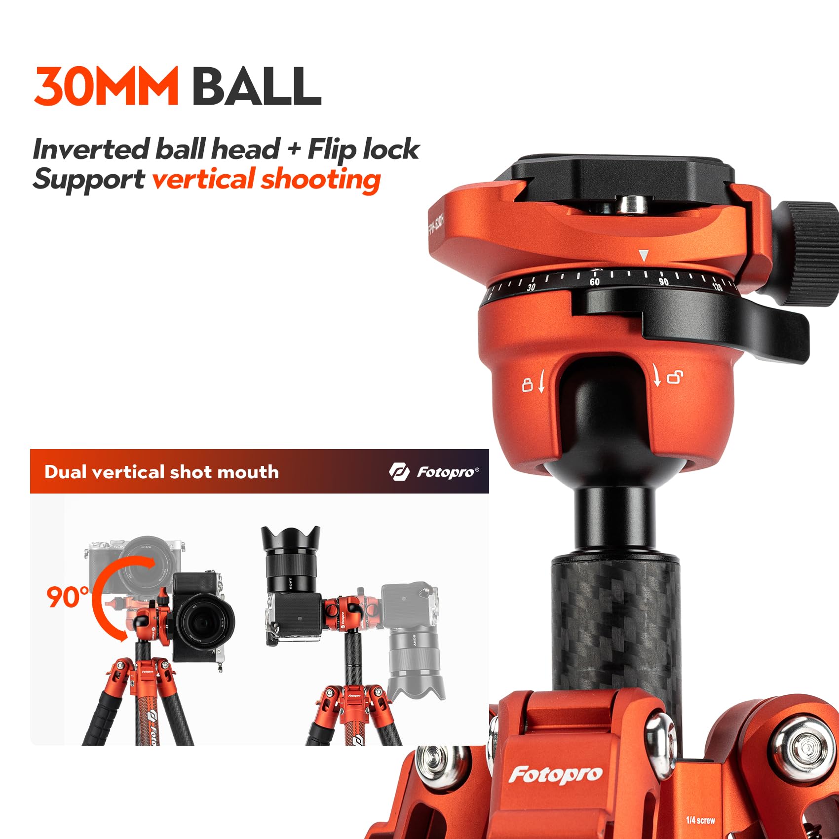 Fotopro 63'' Carbon Fiber Camera Tripod, Ball Head. X - Airfly Orange - Fotopro AMZ