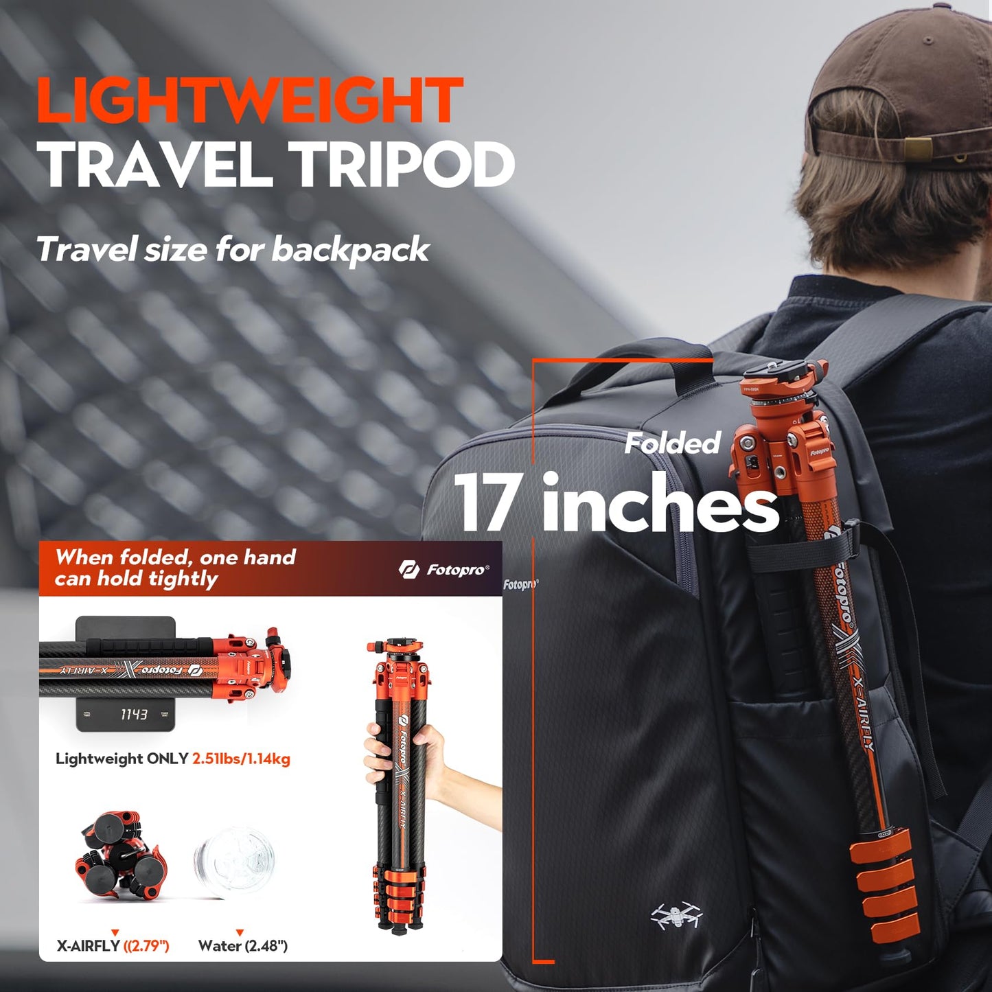 Fotopro 63'' Carbon Fiber Camera Tripod, Ball Head. X - Airfly Orange - Fotopro AMZ