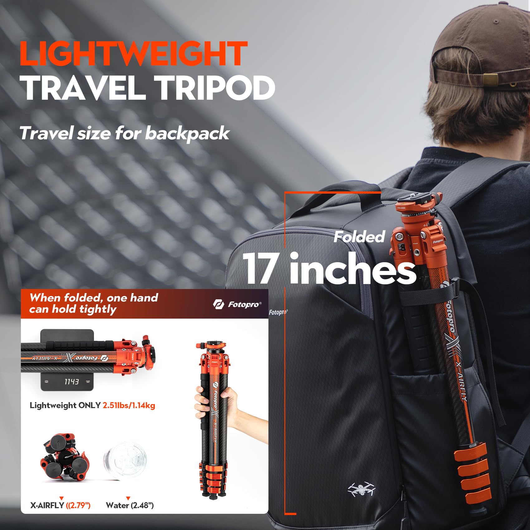 Fotopro 63'' Carbon Fiber Camera Tripod, Ball Head. X - Airfly Orange - Fotopro AMZ