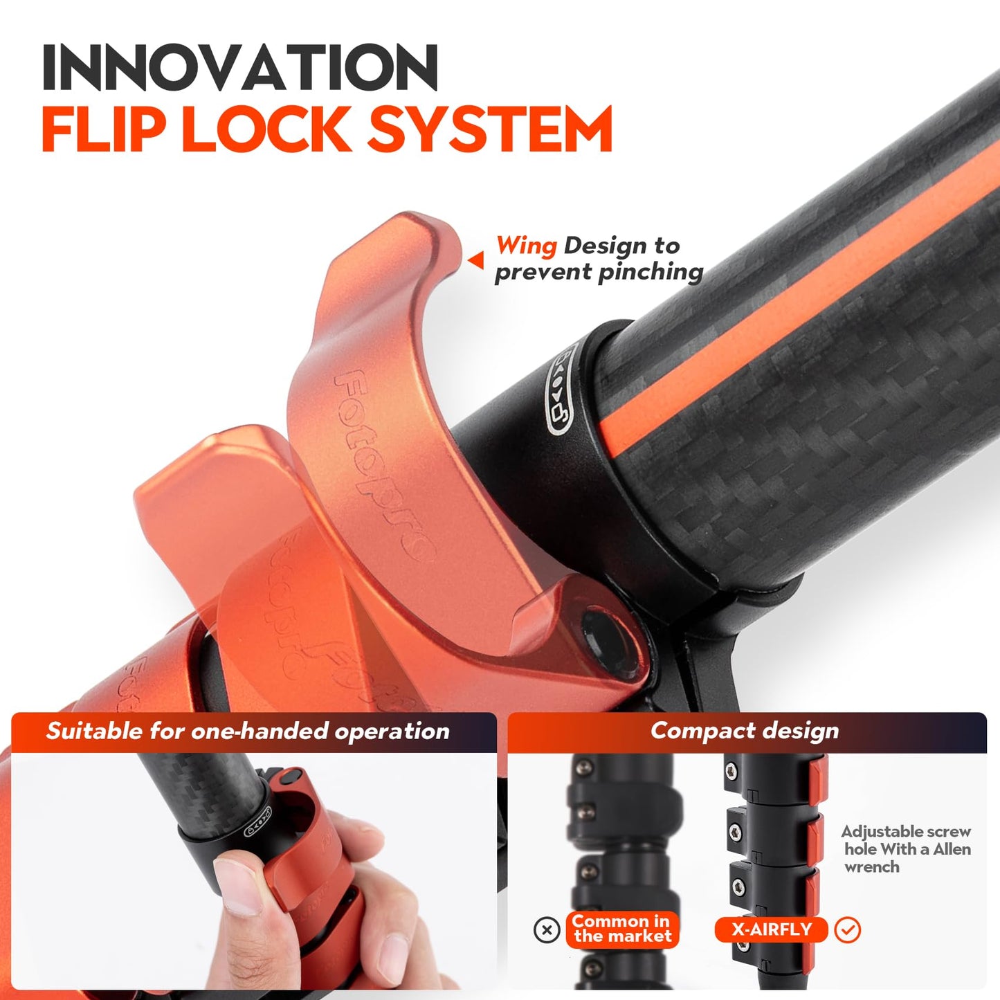 Fotopro 63'' Carbon Fiber Camera Tripod, Ball Head. X - Airfly Orange - Fotopro AMZ