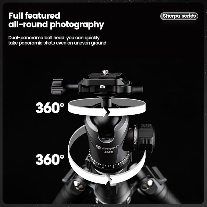 Fotopro 64" Carbon Fiber Tripod, 360° Ball Head, Quick Release Plate, Compatible with Canon Nikon Sony DSLR, Camcorder, Grey - Fotopro AMZ