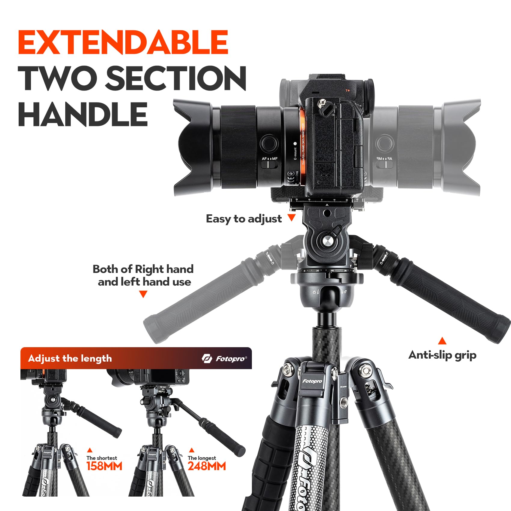 Fotopro 64.5'' Carbon Fiber Camera Tripod, Fluid Head. X - Airfly Video Grey - Fotopro AMZ