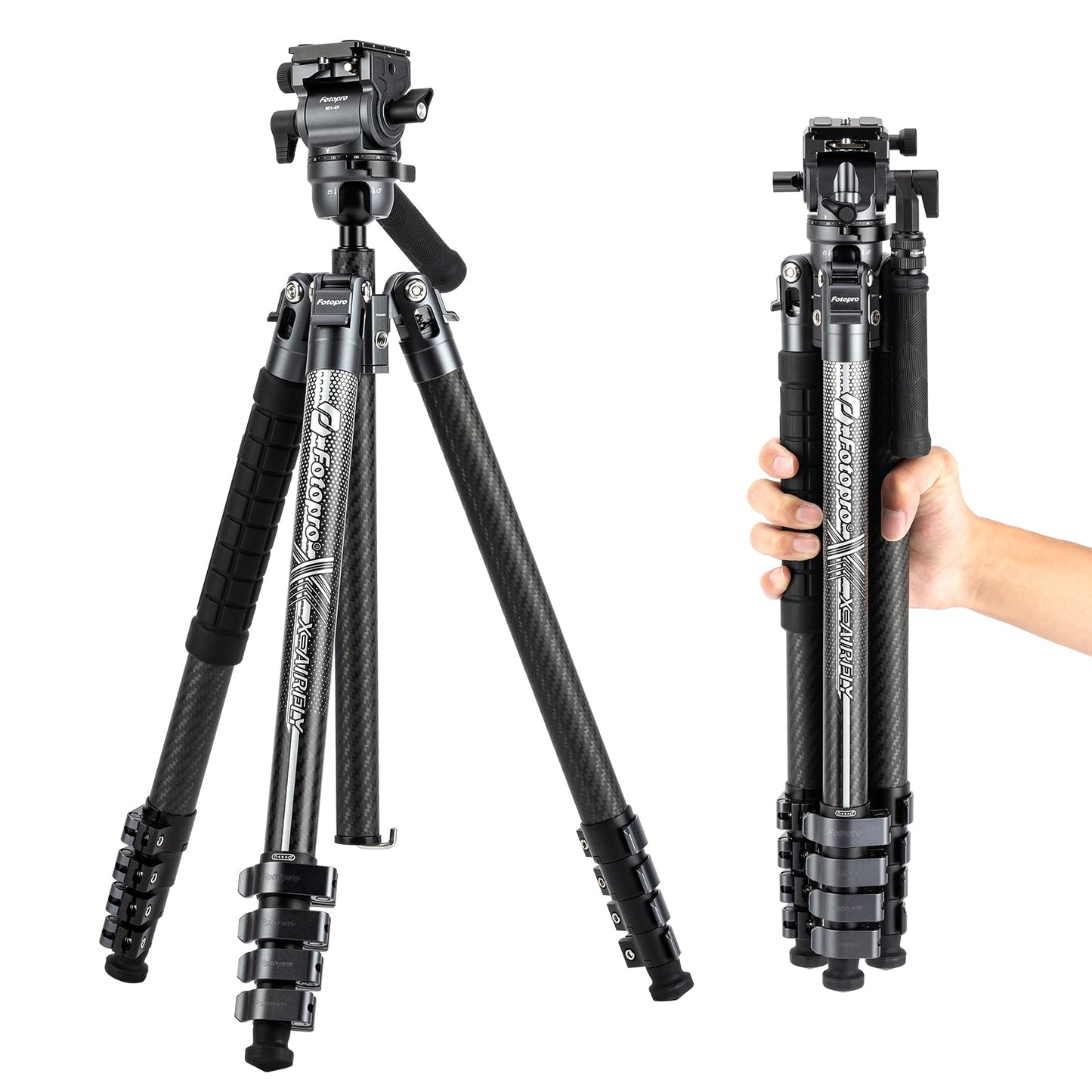 Fotopro 64.5'' Carbon Fiber Camera Tripod, Fluid Head. X - Airfly Video Grey - Fotopro AMZ