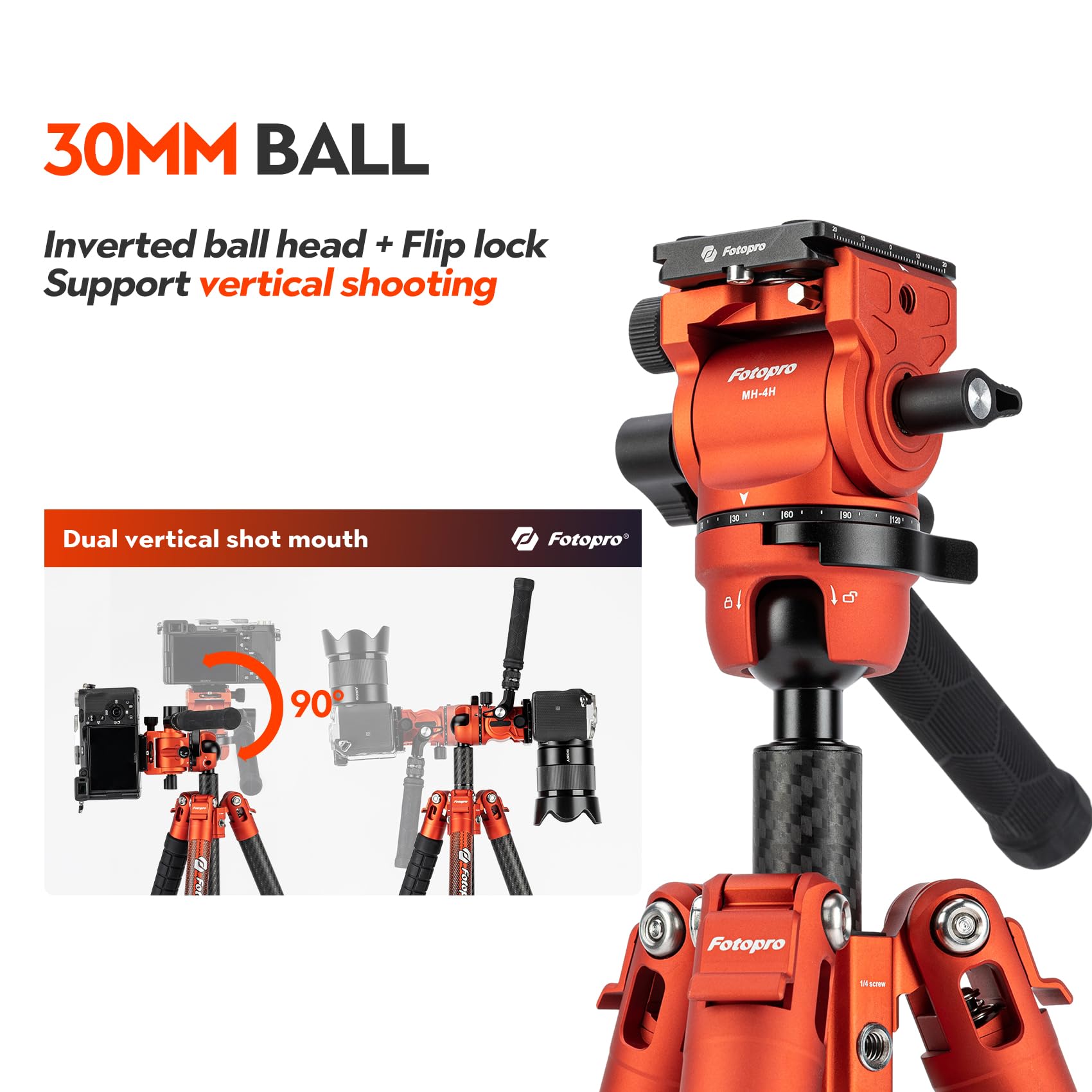 Fotopro 64.5'' Carbon Fiber Camera Tripod, Fluid Head. X - Airfly Video Orange - Fotopro AMZ