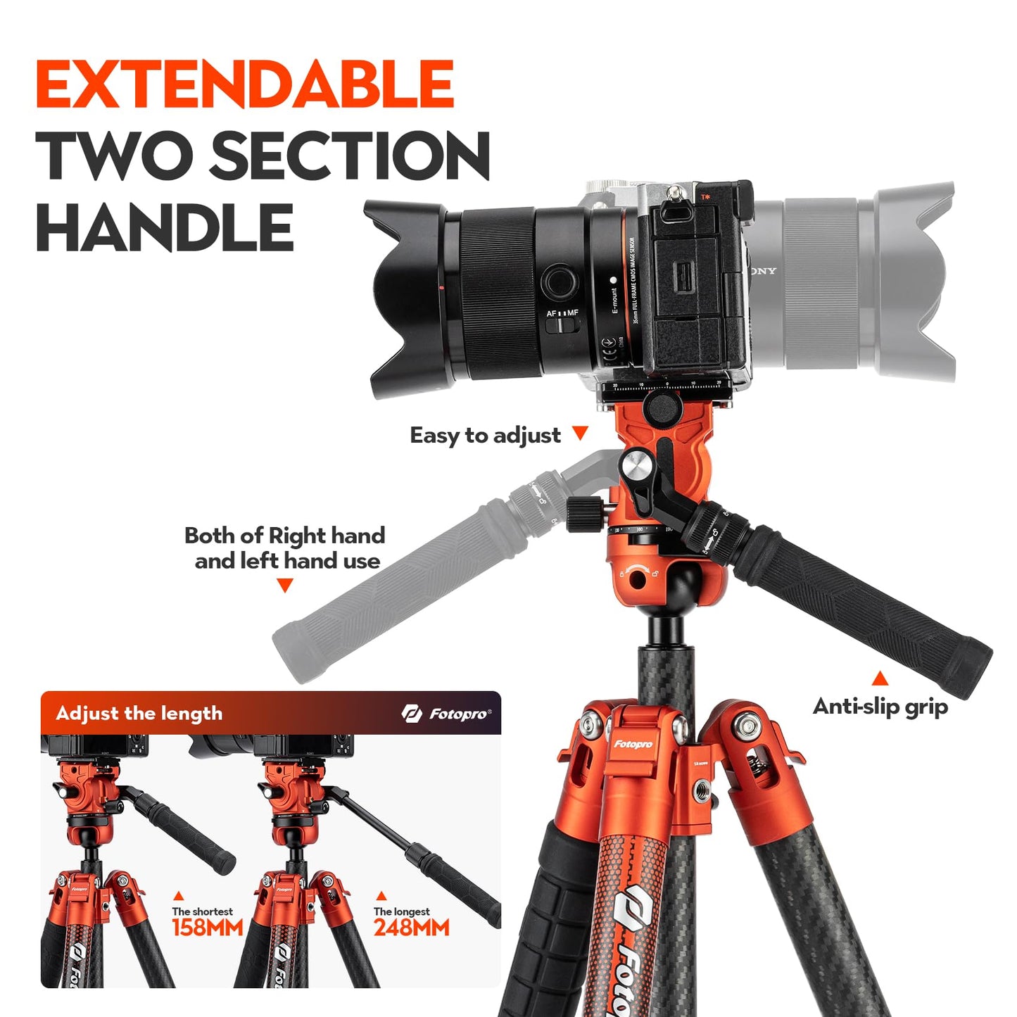 Fotopro 64.5'' Carbon Fiber Camera Tripod, Fluid Head. X - Airfly Video Orange - Fotopro AMZ
